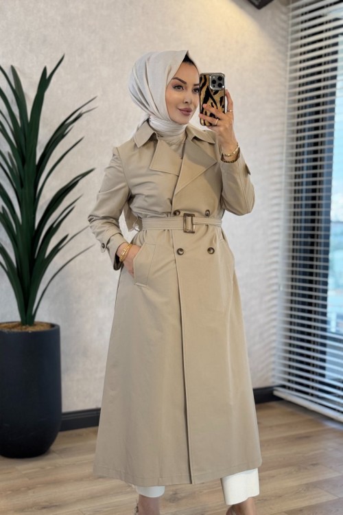 2628 Ayaklı Yaka Trenç Bej