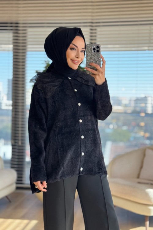 2637 Angora Dantel Yaka Uzun Hırka Siyah