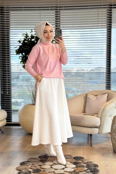 264 Omuzu Taşlı Yaprak Desenli Triko Tunik Pembe