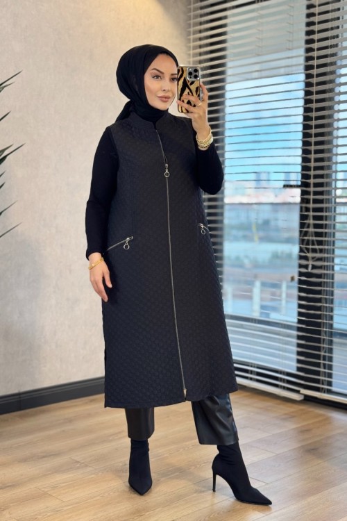 26452 Petek Desen Kapitone Yelek Siyah