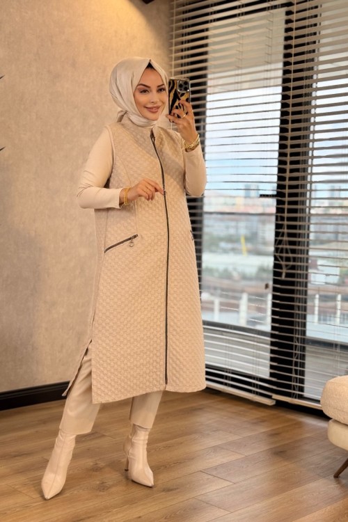 26452 Petek Desen Kapitone Yelek Bej