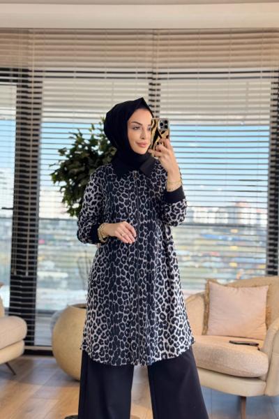26611 Leopar Desenli Fermuarlı Kap Siyah Gri