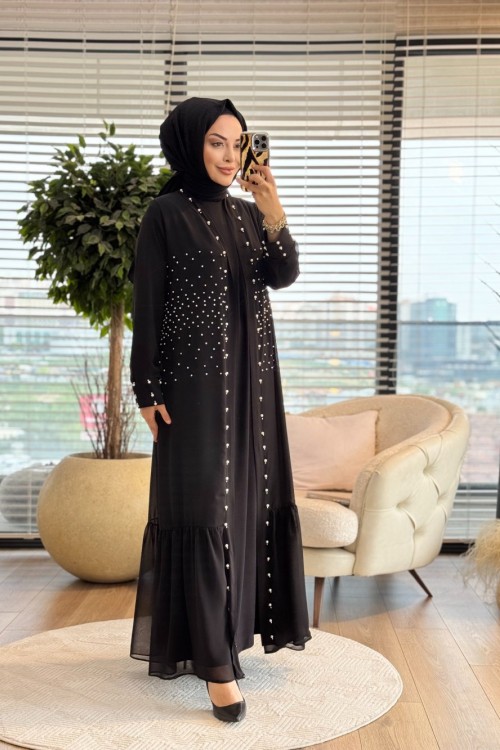 26666 Elbise Üstü Abaya İnci İşli 2li Takım Siyah