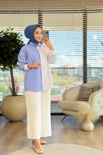 2676 Sol Taraf Çizgi Detaylı Gömlek Açık Mavi