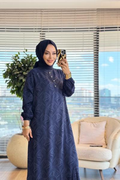 26847 Kendinden Desenli Elbise Lacivert