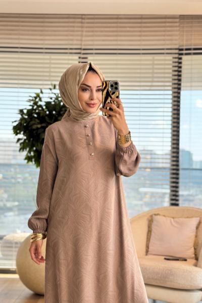 26847 Kendinden Desenli Elbise Bej