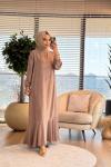 26847 Kendinden Desenli Elbise Bej