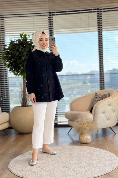 2693 Önü Serpme Taş Detaylı Ceket Siyah