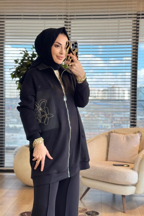 26YT601 Sol Taraf Zincir Detay Fermuarlı Takım Siyah