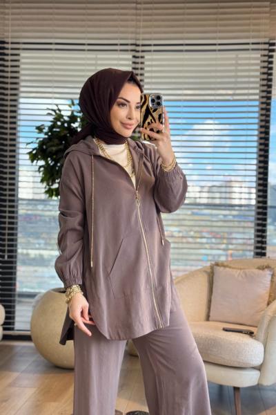 26YT620 Kanguru Cepli Kapşonlu Takım Vizon