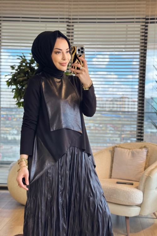 26YT682 Ön Deri Parça Kırışık Etekli Takım Siyah