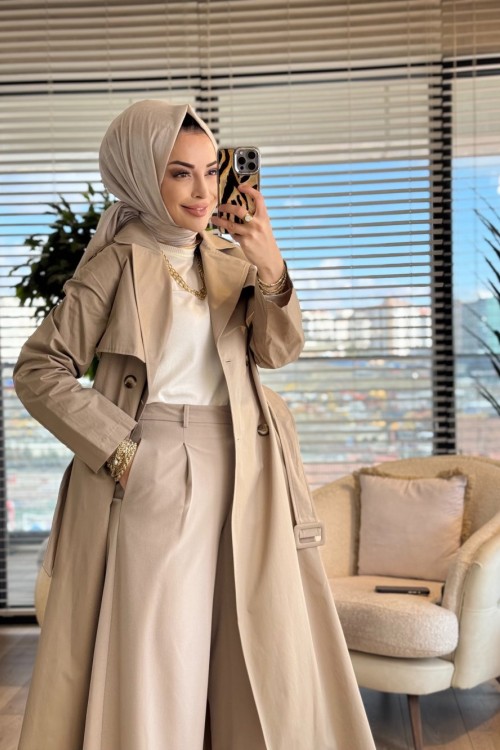 26YT706 Dört Düğme Kemerli Trenç Bej