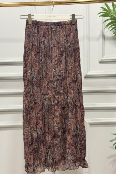 27032 Şifon Şal Desenli Kırışık Etek Kahve