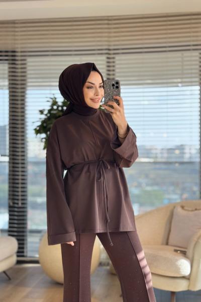 2755 Dikiş Detaylı Yırtmaçlı Sweat Koyu Kahve