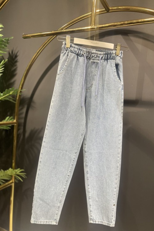 2759 Beli Bağcıklı Kot Pantolon Mavi