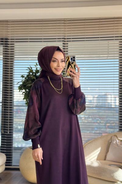 277 Kolları Kumaş Desenli Triko Elbise Gül Kurusu