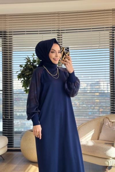 277 Kolları Kumaş Desenli Triko Elbise Lcivert