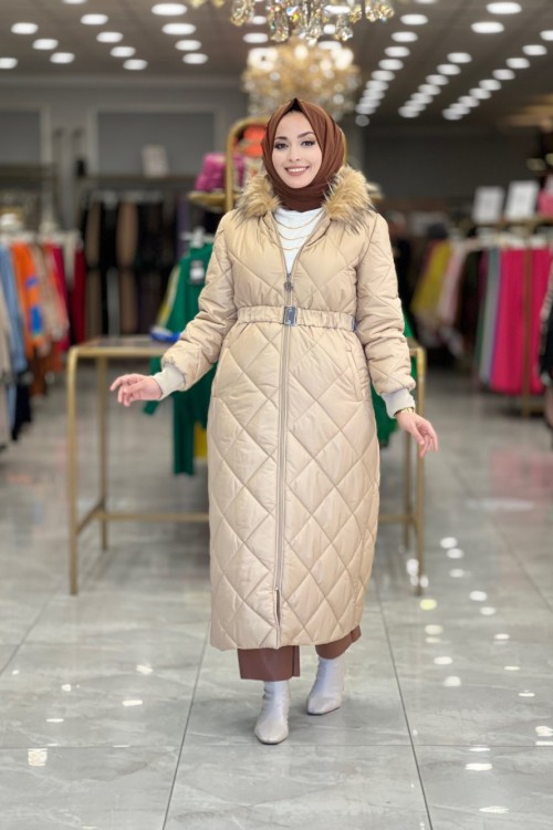 28-1035 Baklava desen Kapşonu Kürklü Şişme Kaban Bej