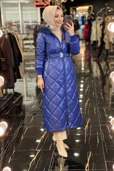 28-1035 Baklava desen Kapşonu Kürklü Şişme Kaban Lacivert