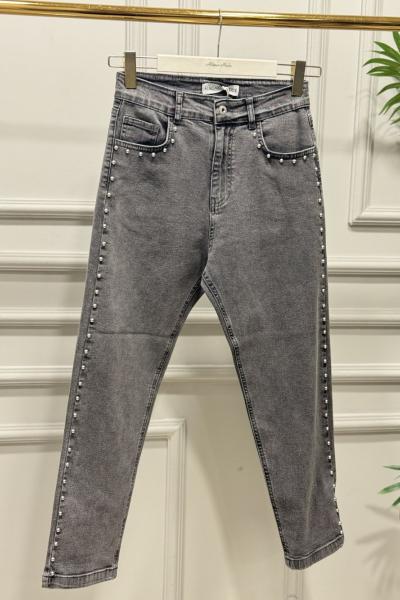 2805 Yanları Zımba Detaylı Kot Pantolon Gri