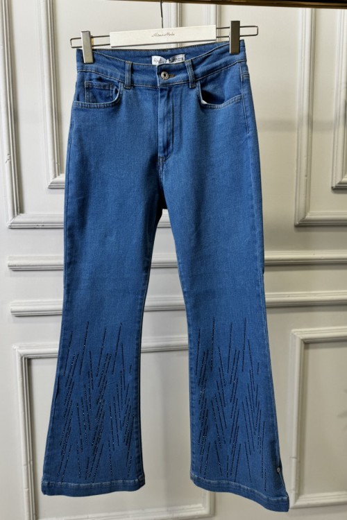 2806 İspanyol Paça Paça Taşlı Kot Pantolon Mavi
