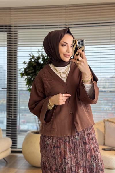 2813 Nakış Detaylı V Yaka Kimono Kahve