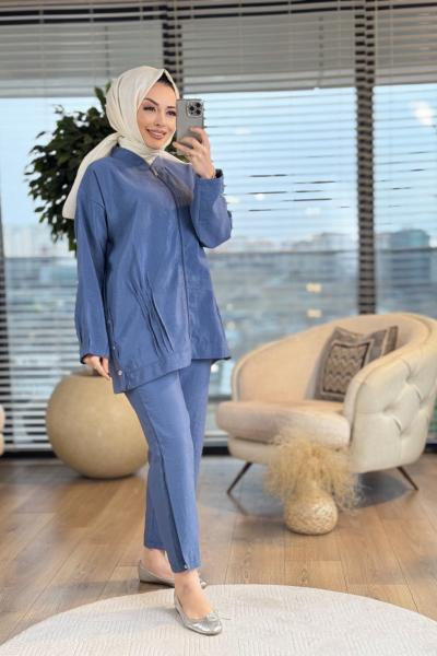 2817 Nervür Dikiş Detaylı Fermuarlı Takım İndigo
