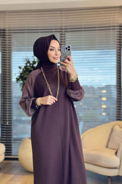 282 Ön Arka V Örgülü Kolları Kupra Elbise Kahve