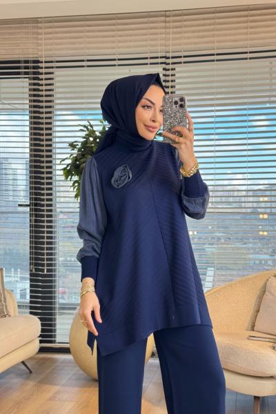 285 Kolları Kumaş Güllü Tunik Lacivert