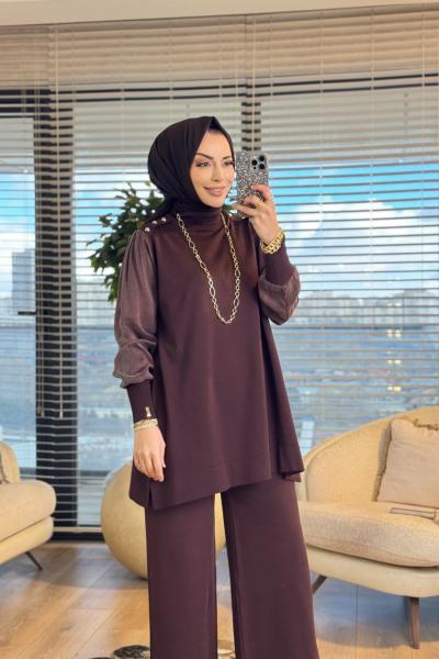 289 Omuzu Düğmeli Kupra Triko Tunik Kahve