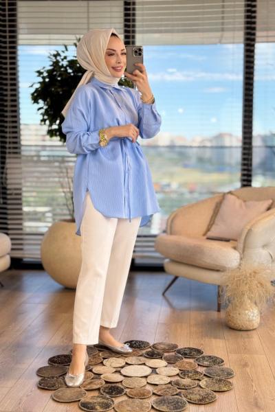 2933 İnce Çizgili Beli Kuşaklı Gömlek Mavi