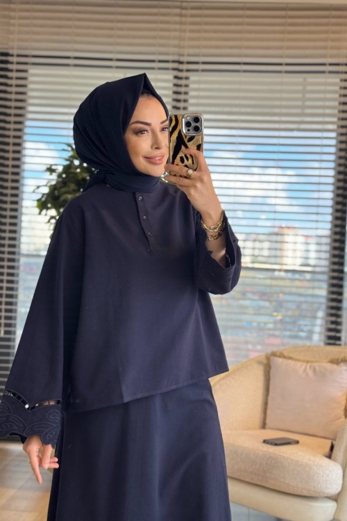 2973 Nakış Detaylı Etekli Takım Lacivert