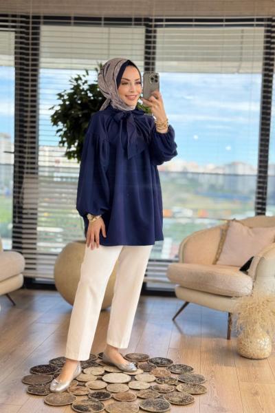 2989 Yakası Bağlama Detaylı Gömlek Lacivert