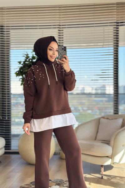 3039 Omuzları İnci İşli İki İplik Takım Kahve