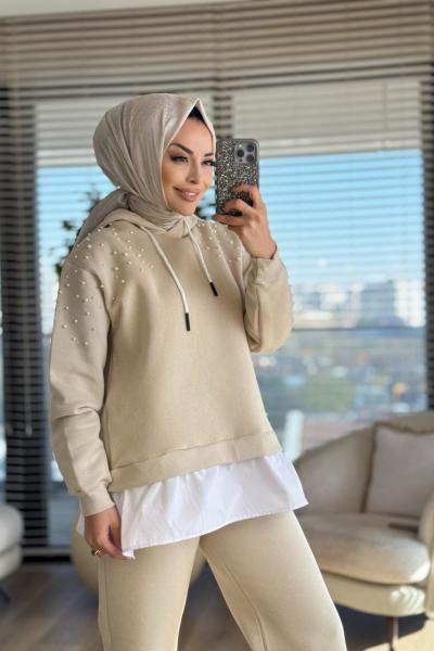 3039 Omuzları İnci İşli İki İplik Takım Bej