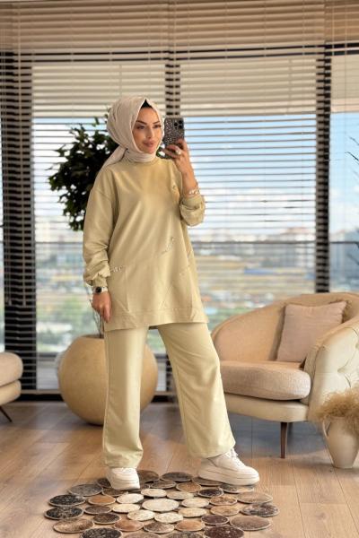 3046 Asimetrik Taş Detaylı Takım Yeşil