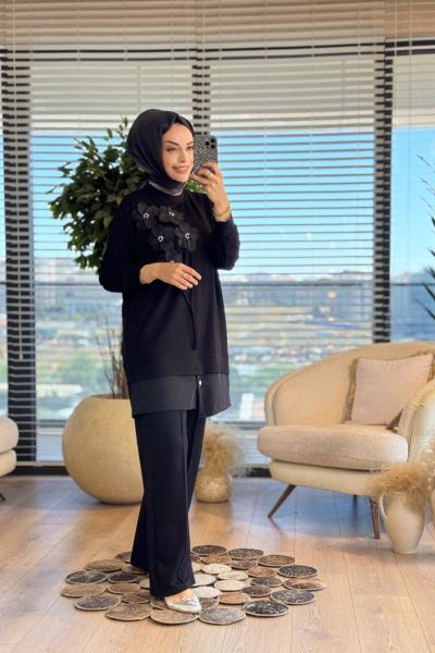 3046 Çiçek Broşlu Takım Siyah