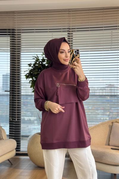 3051 Cebi Fermuar Detaylı Sweatshırt Mürdüm