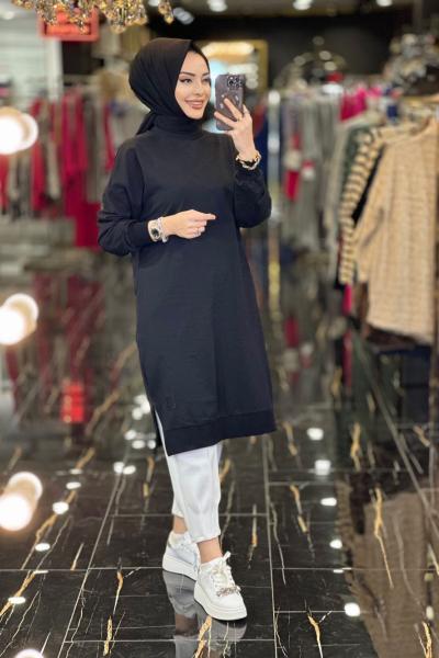 30645 Uzun Sıfır Yaka Tunik Siyah