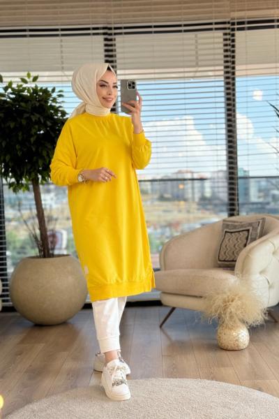 30645 Uzun Sıfır Yaka Tunik Sarı