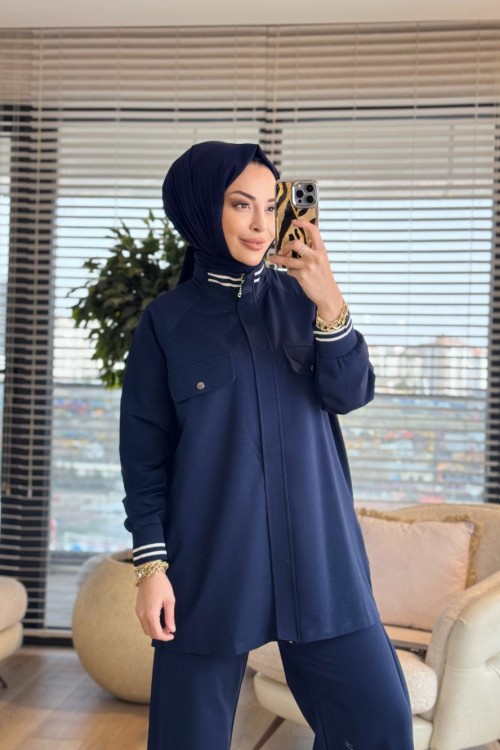 3075 Çıtçıt Ve Triko Detaylı Takım Lacivert