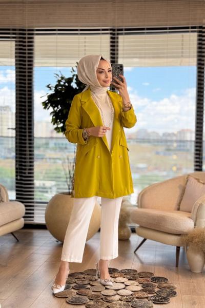3079 Linda Düğmeli Ceket Yağ Yeşili
