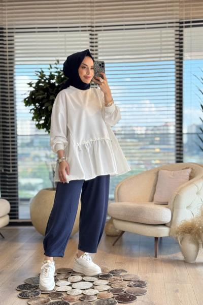 3091 Büzgü Detaylı Garnili Tunik Ekru