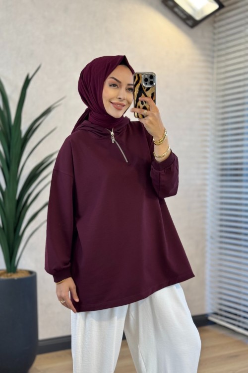 3101 Kapşonlu Patı Fermuarlı Sweatshirt Mürdüm