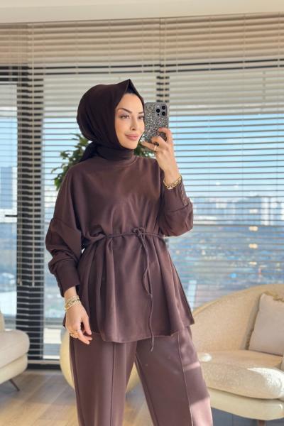 3117 Manşeti Düğme Detaylı Sweatshirt Koyu Kahve