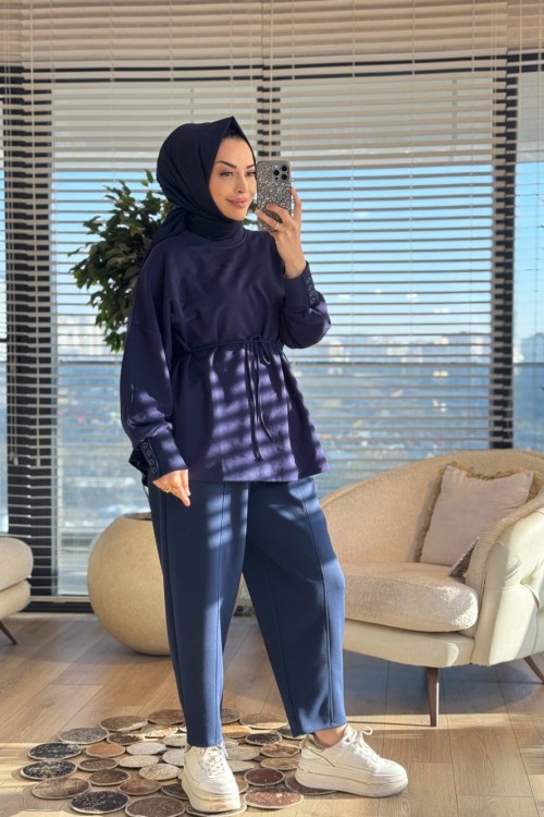 3117 Manşeti Düğme Detaylı Sweatshirt Koyu Lacivert