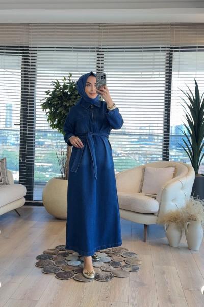 312480 Pat Fermuarlı Kot Elbise Lacivert