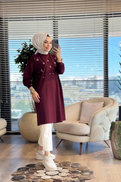 3138 Taş Ve İnci Detaylı Midi Boy SweatShirt Bordo