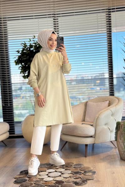 3138 Taş Ve İnci Detaylı Midi Boy SweatShirt Çağla