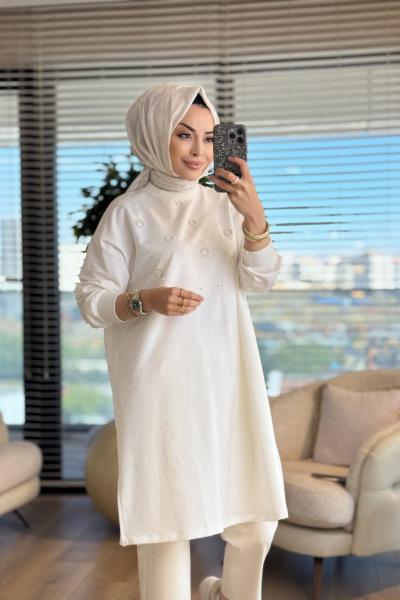 3138 Taş Ve İnci Detaylı Midi Boy SweatShirt Ekru